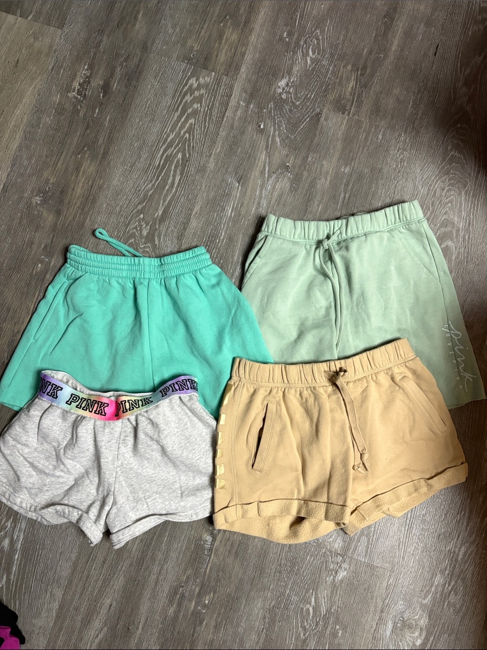 PINK Victoria's Secret 4 pairs of woman’s Shorts in green,teal, grey & Tan
